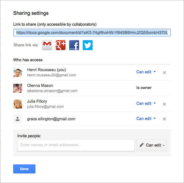 Sharing settings in Google Docs